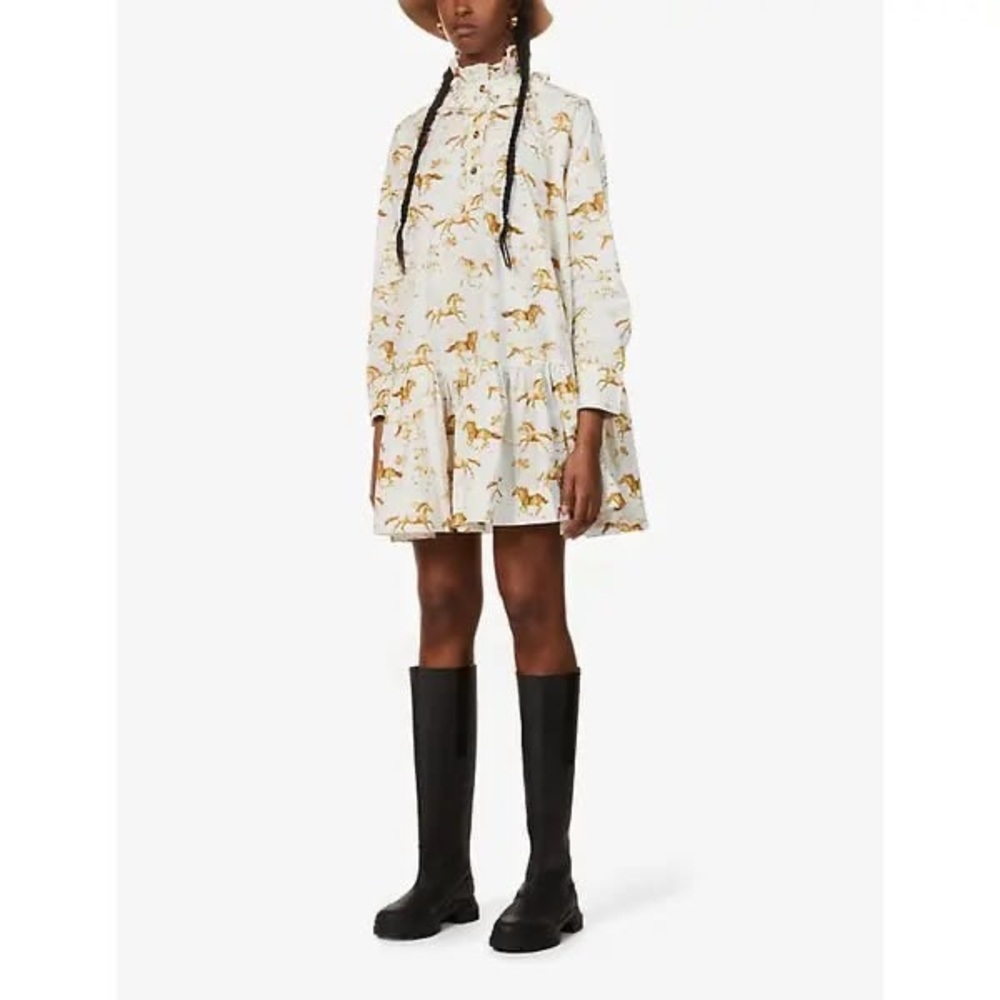 Ganni Cream Mini Dress with Gold Horse Print